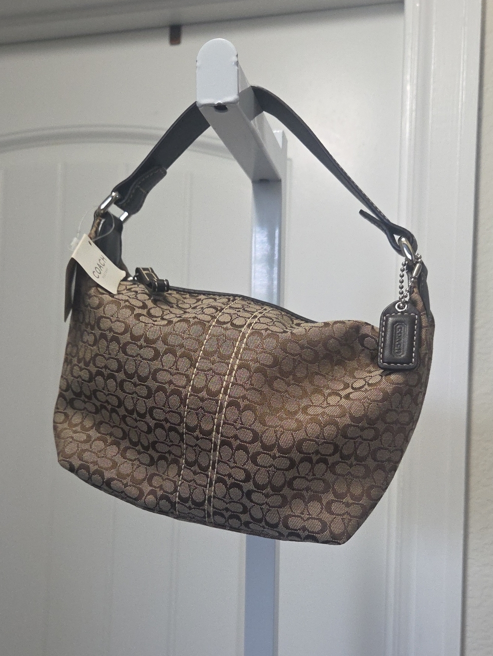 Coach Brown Signature Canvas Shoulder Bag with Leather Trim